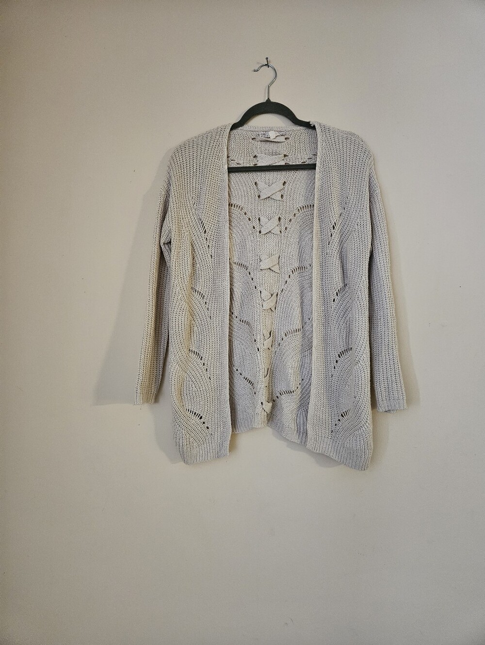 Pink Republic Open-Front Lace Up Back Cream Knit Cardigan Sweater